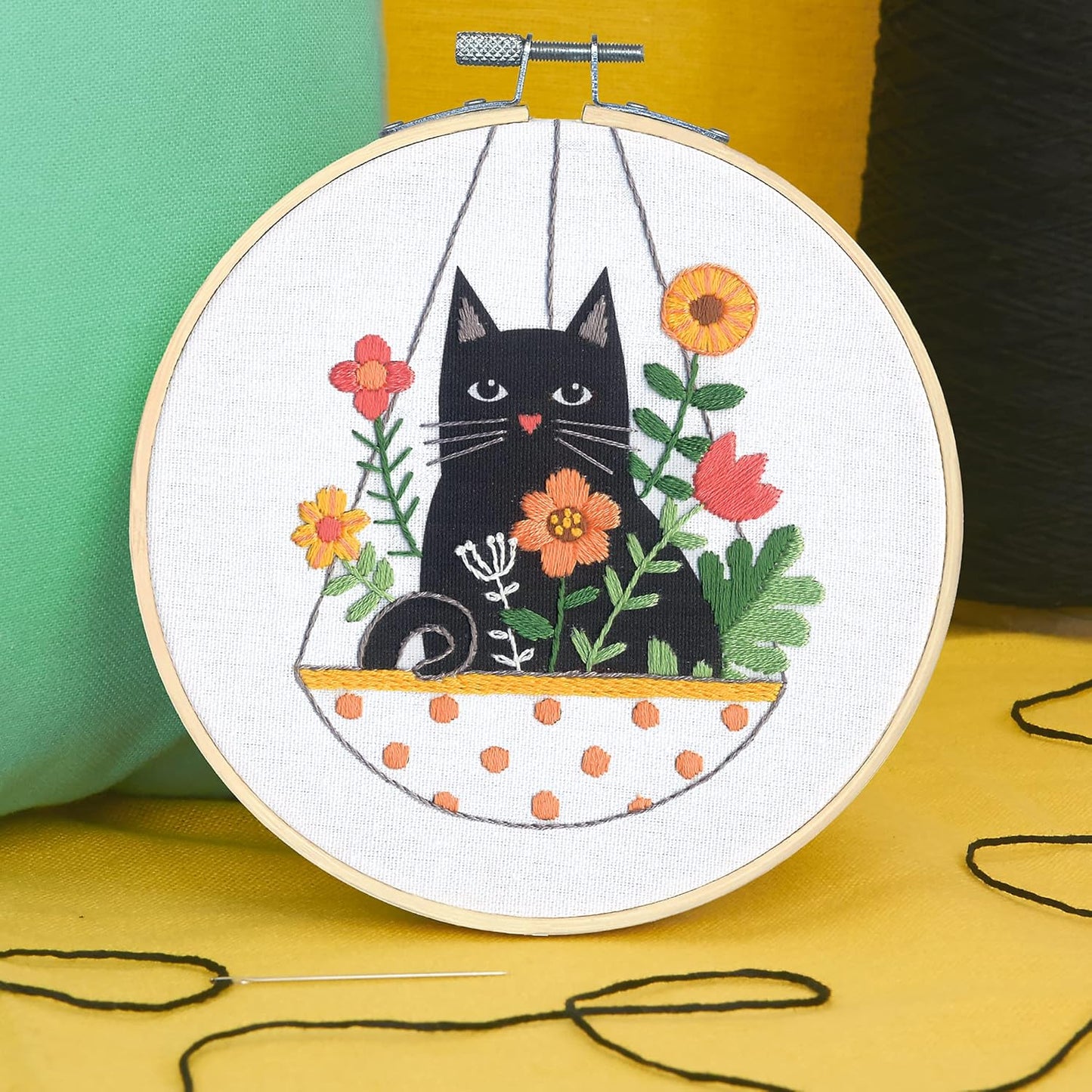 Dimensions Embroidery Kit CAT Floral Basket 15.2cm